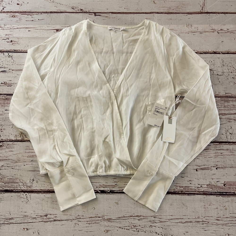 Good American Top Women's Size 2 Ivory White V- Neck Long Sleeves Blouse NWT